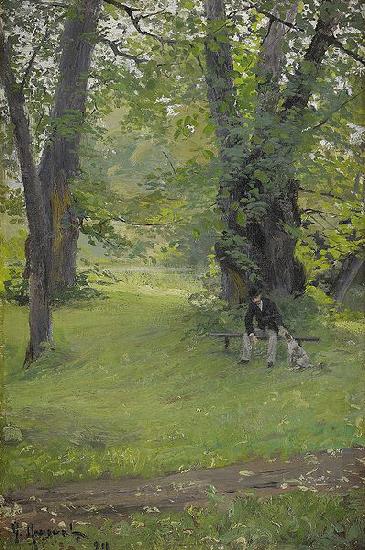 Park with sitting man and dog, Gerda Roosval-Kallstenius